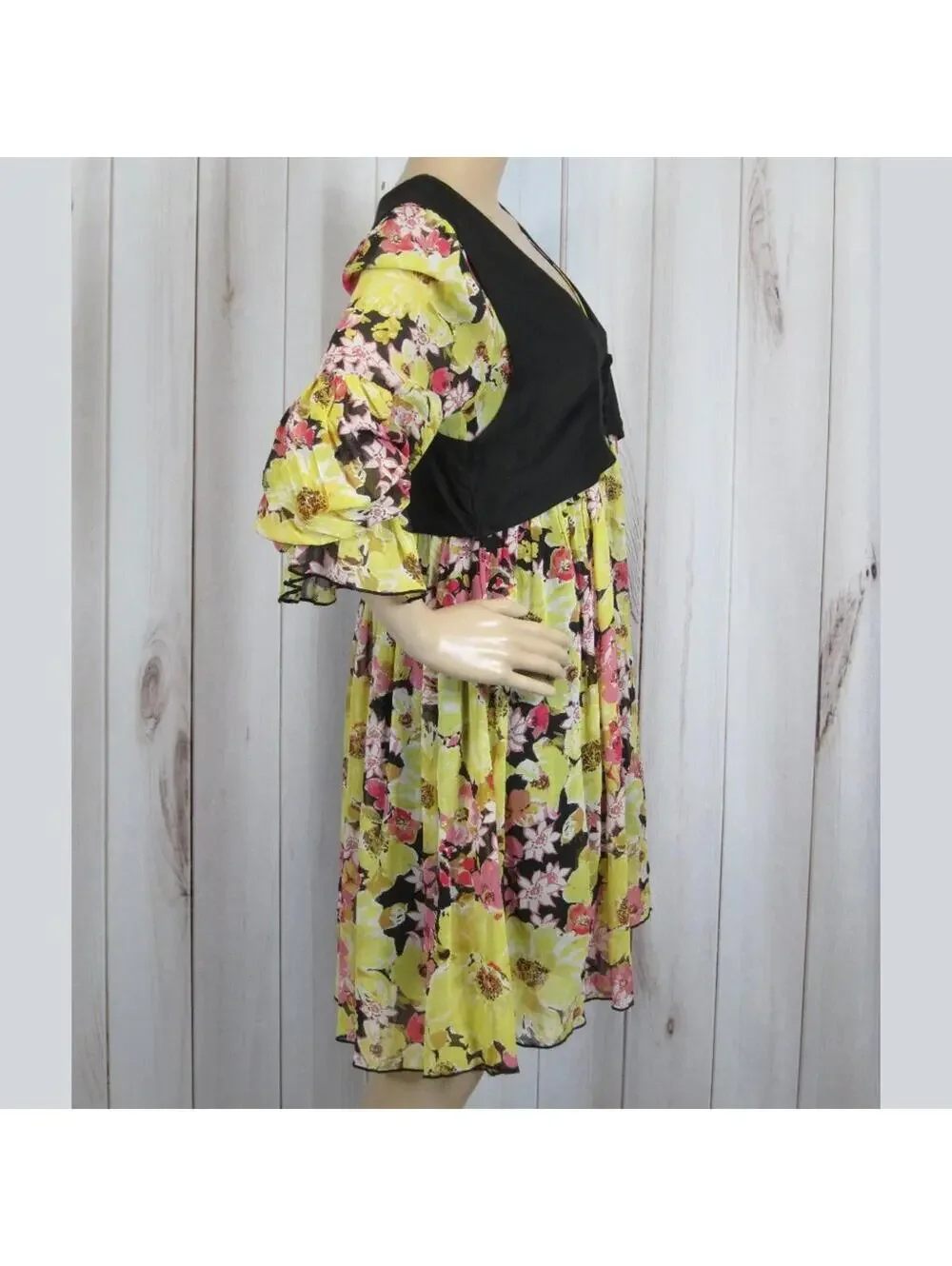 Free People Vested Mini Dress NWT Small Yellow Floral Bell Sleeves V-Neck NEW